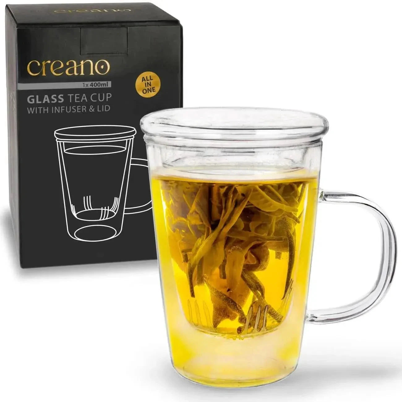 Tea Glass 400ml - Glass Tea Cup, Strainer & Lid - Teacup, Accessories - Accessories, Infuser, Teacup - infusion.organic