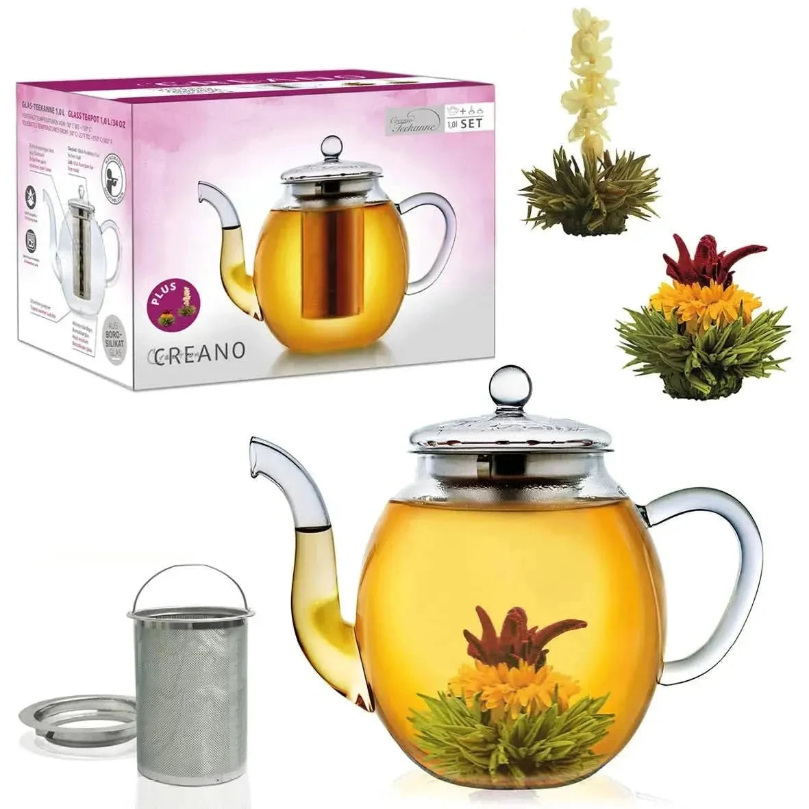 Glass teapot 1L with two Herbal Tea flowers - Teapot, Blooming Tea - Blooming Tea, Teapot - infusion.organic