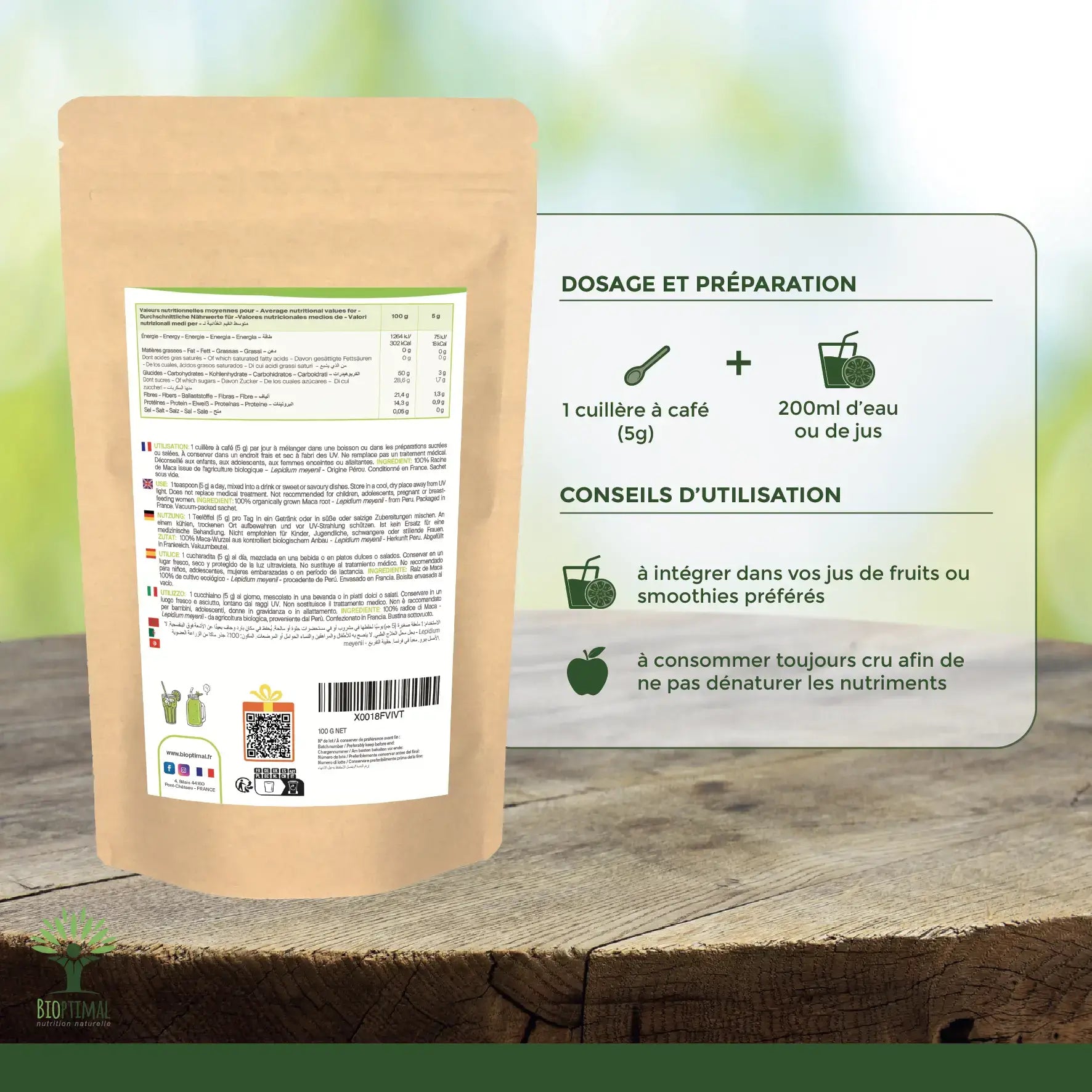 Organic maca powder - Packaged in France - Vegan Supplement Bioptimal infusion.organic