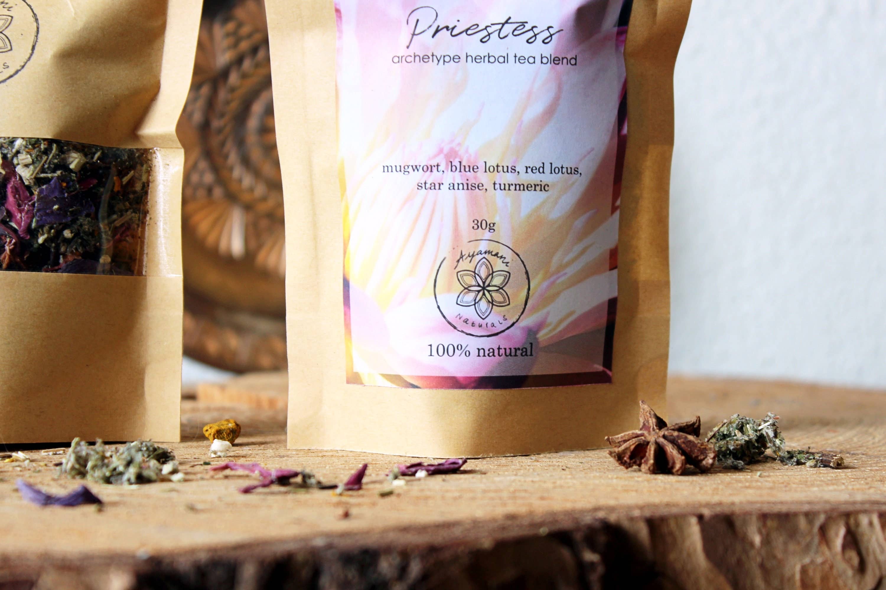 Priestess Tea: Lotus, Mugwort, Anise, Turmeric Chakra Blend Magical Tea Ayamani Naturals infusion.organic