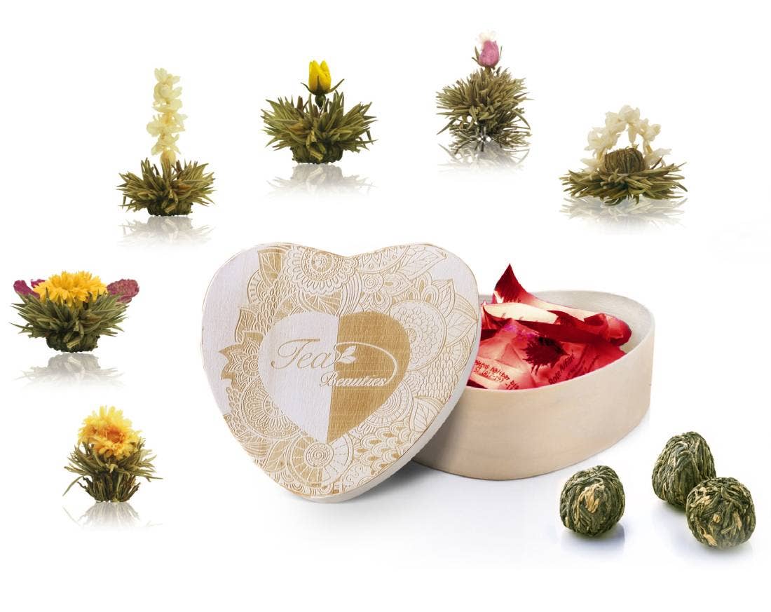 Wooden heart box+6er blooming tea white tea Blooming Tea Creano infusion.organic