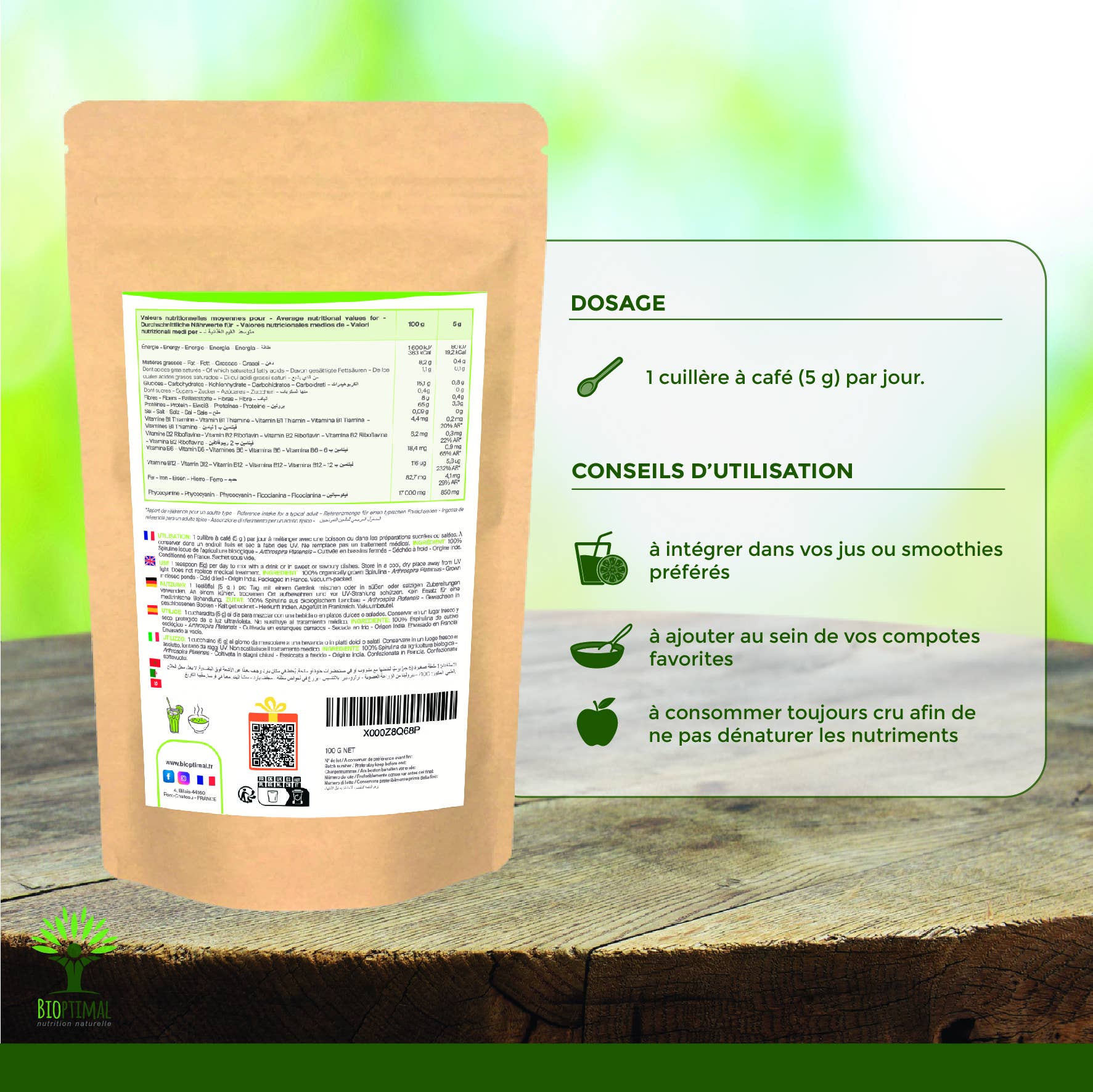 Organic Spirulina Powder - Packaged in France - Vegan Supplement Bioptimal infusion.organic