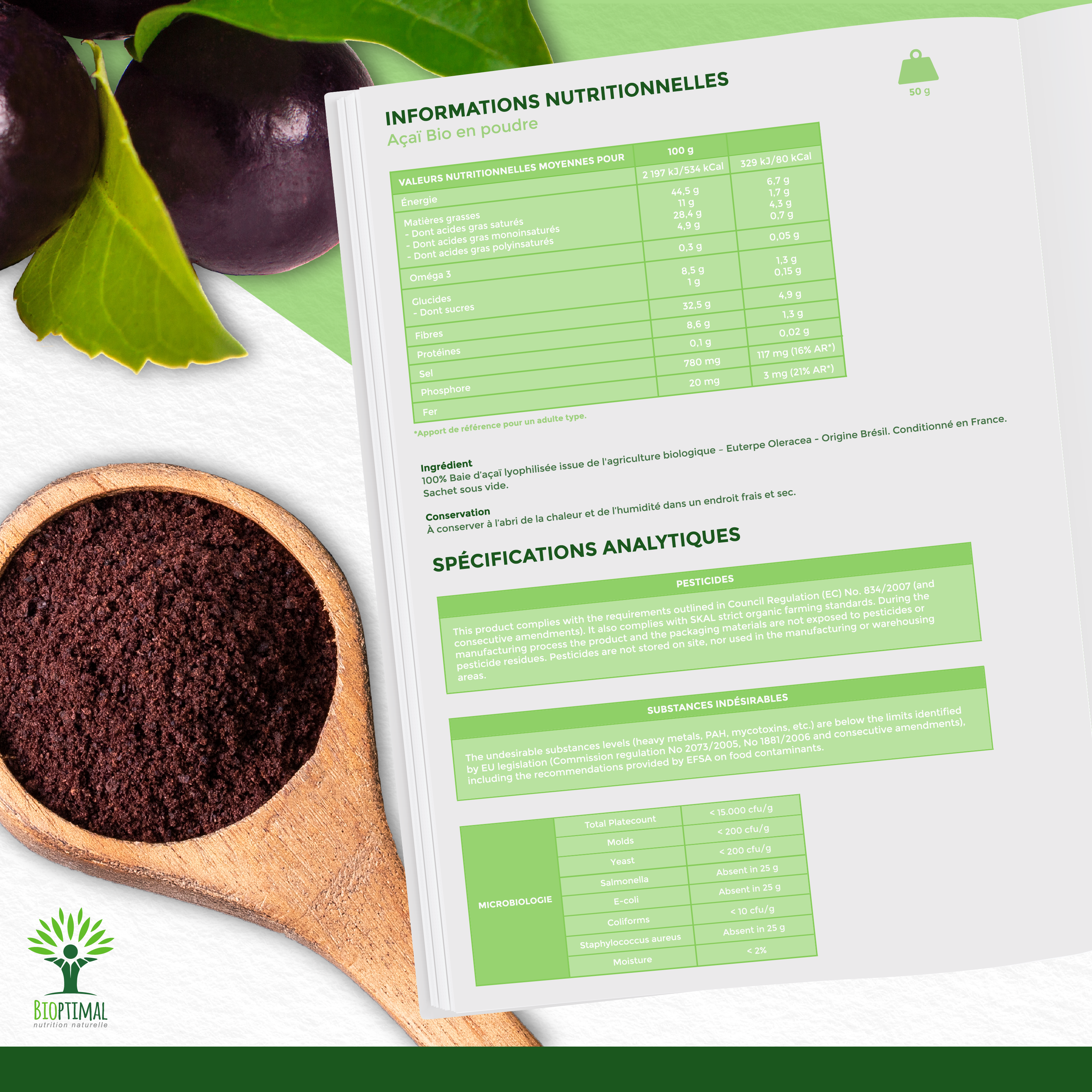 Organic Acai powder - Packaged in France - Vegan Supplement Bioptimal infusion.organic