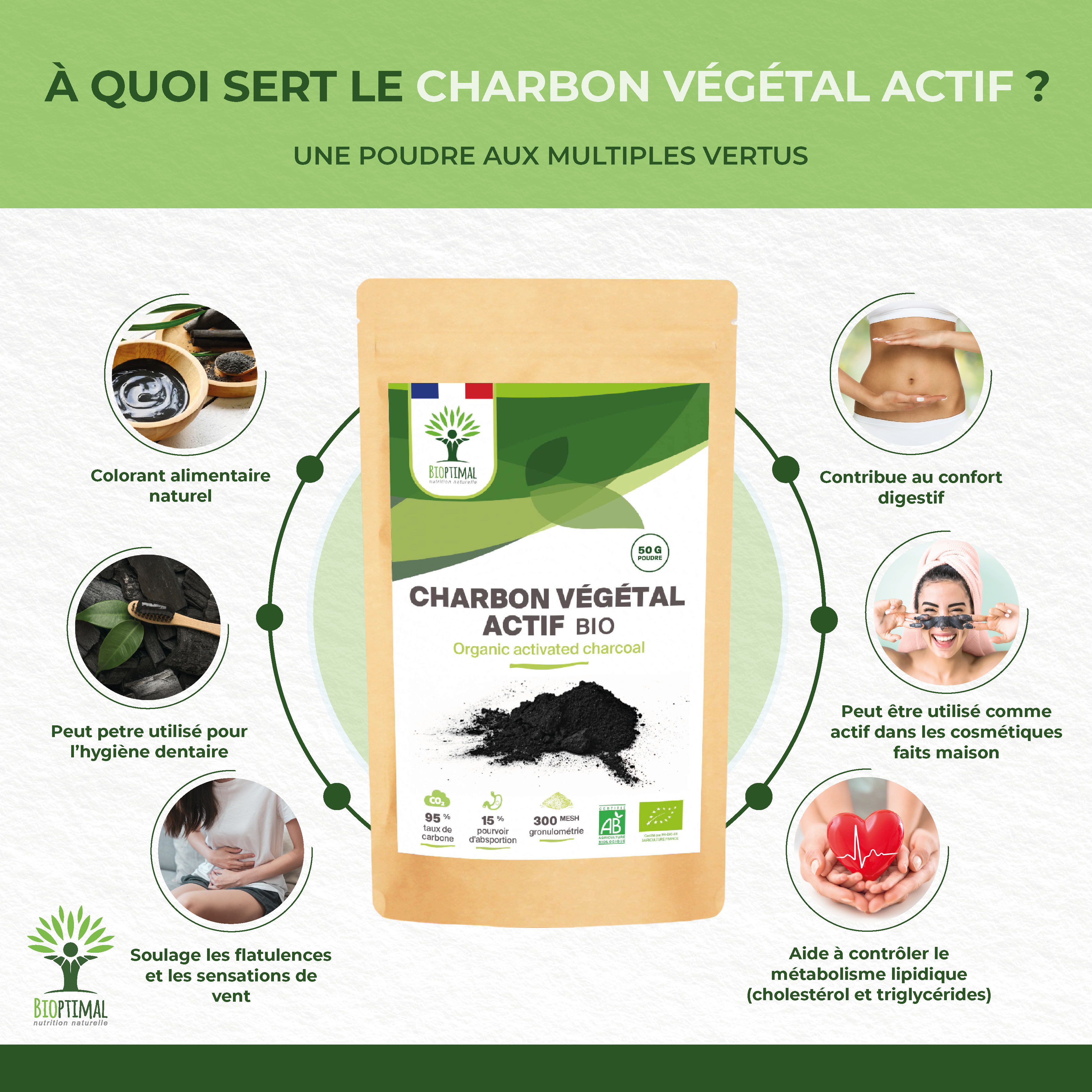 Organic activated vegetable carbon powder - Packaged in France Supplement Bioptimal infusion.organic