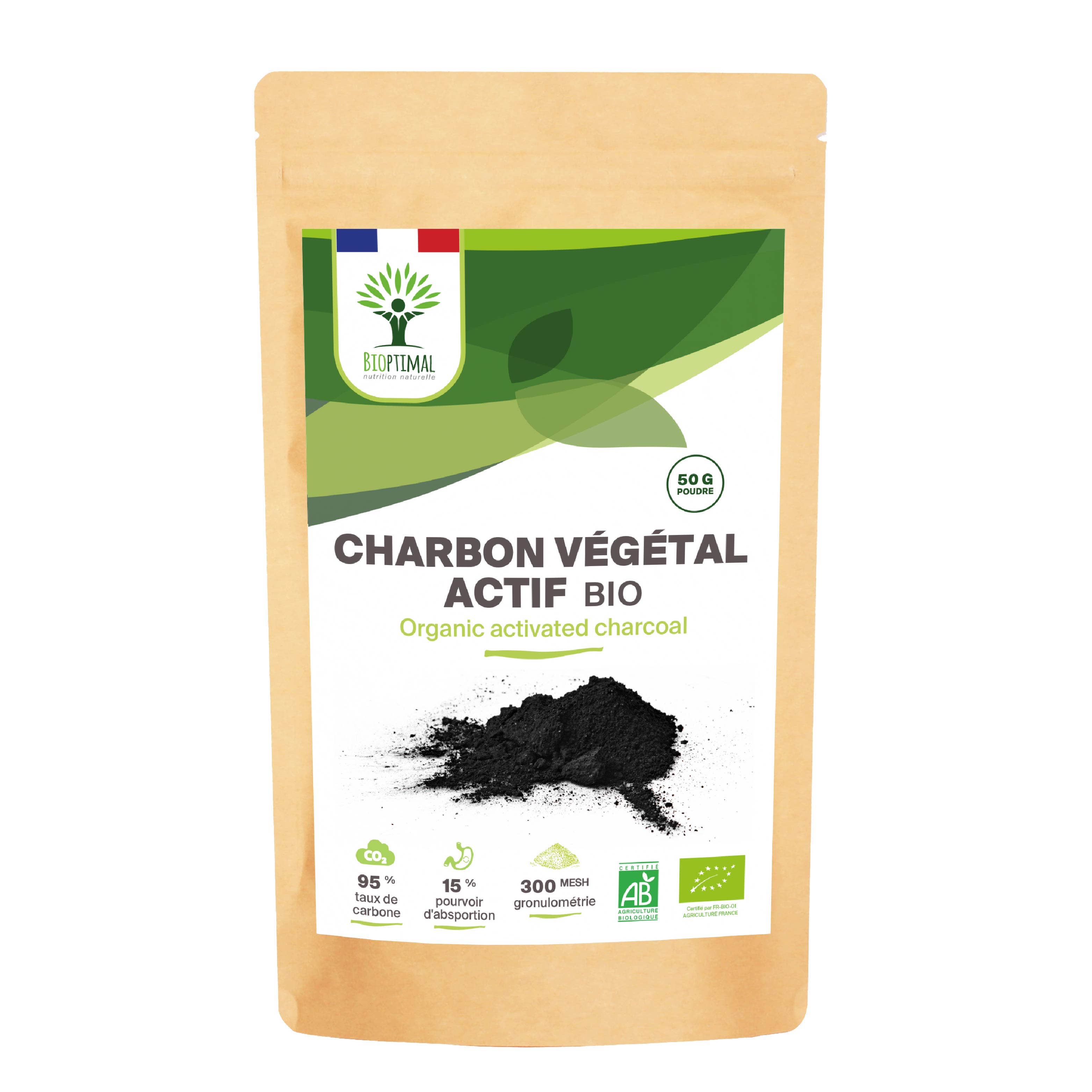 Organic activated vegetable carbon powder - Packaged in France Supplement Bioptimal infusion.organic