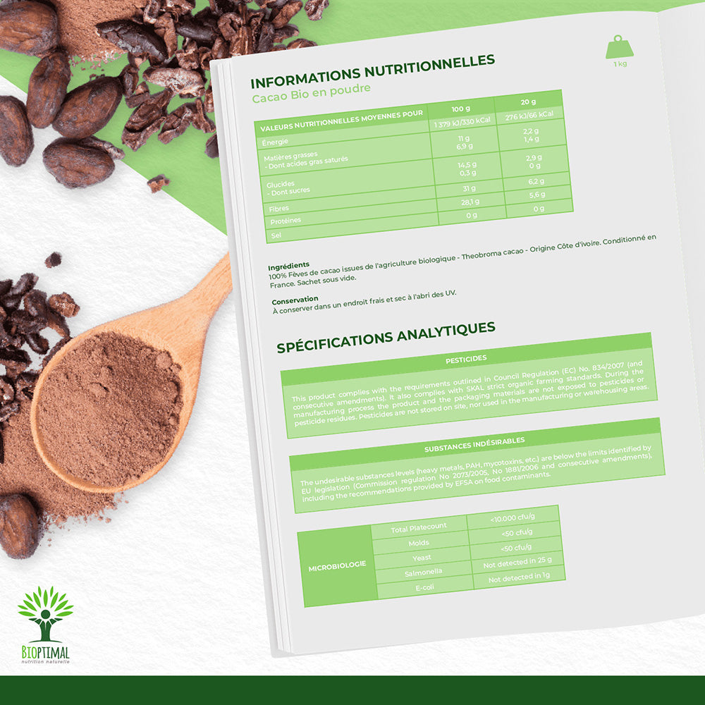 Cacao bio poudre -  Bioptimal Bioptimal Superaliment infusion.organic