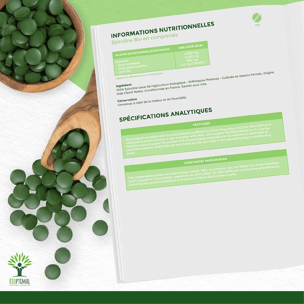 Spiruline bio comprimés -  Bioptimal Bioptimal Superaliment infusion.organic