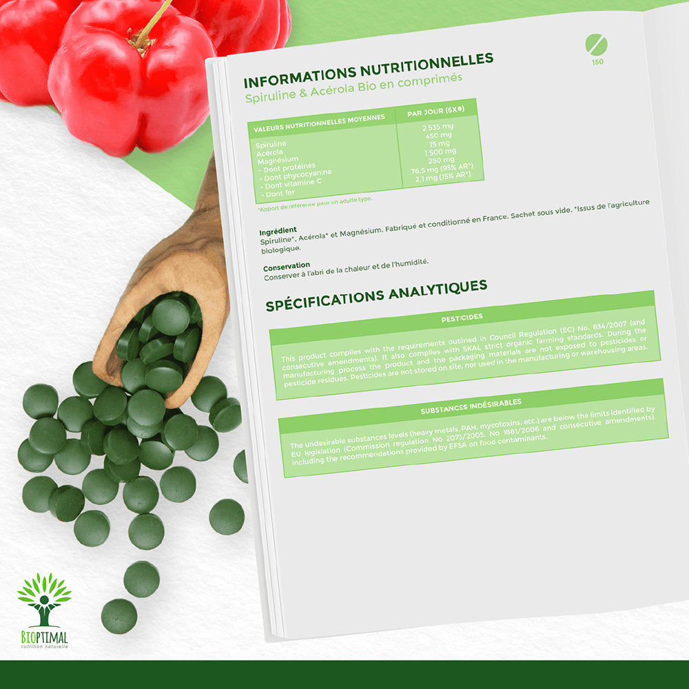 Mix Spiruline et Acérola bio comprimés -  Bioptimal Bioptimal Superaliment infusion.organic