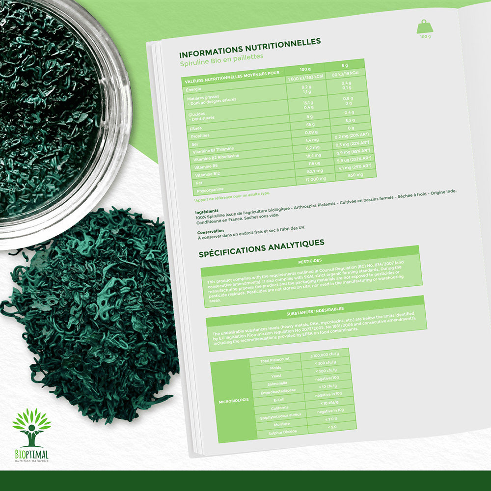 Spiruline bio paillettes -  Bioptimal Bioptimal Superaliment infusion.organic