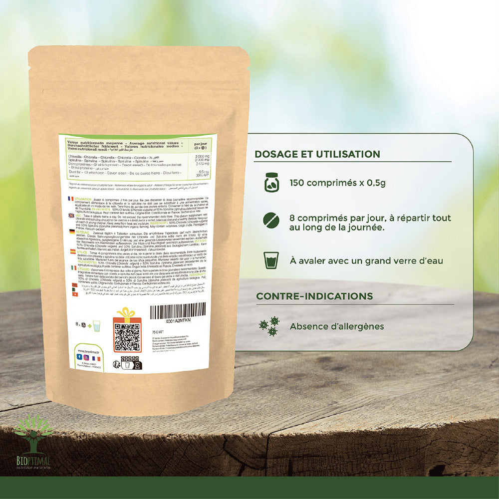 Mix Spiruline et Chlorella bio comprimés -  Bioptimal Bioptimal Superaliment infusion.organic