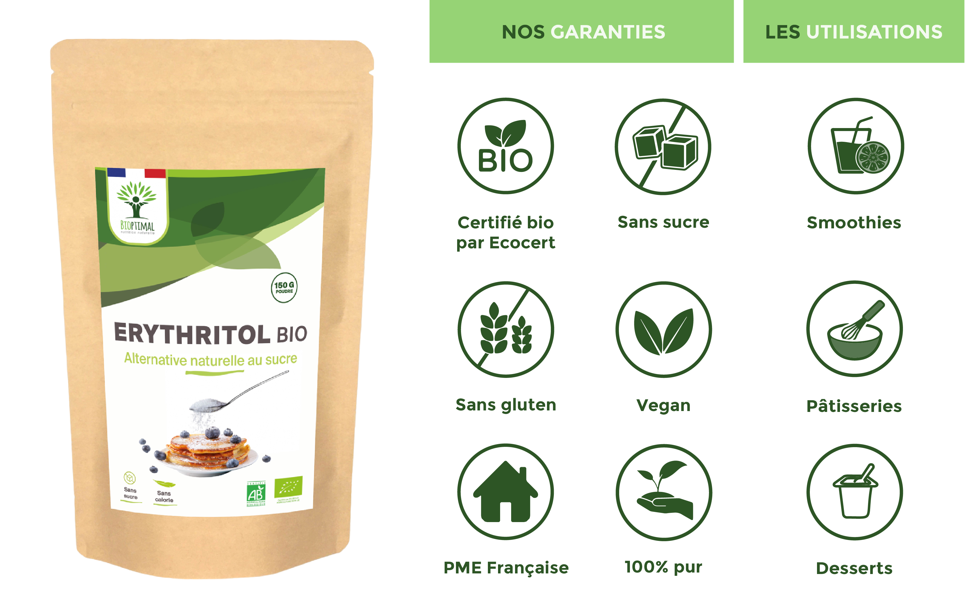 Organic erythritol powder - Packaged in France Supplement Bioptimal infusion.organic