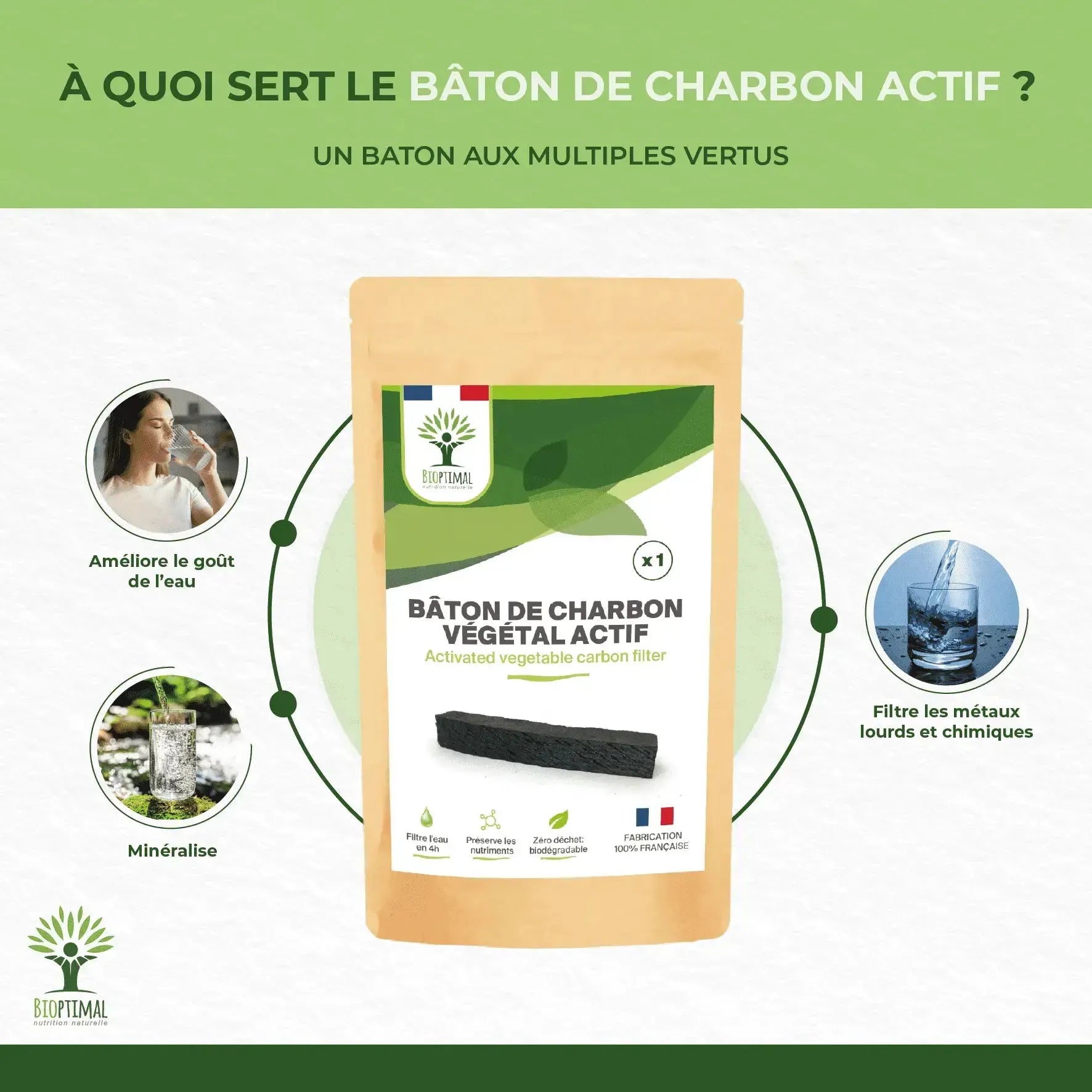 Active carbon stick - Water purifier - Origin France Supplement Bioptimal Tisan - infusion.organic