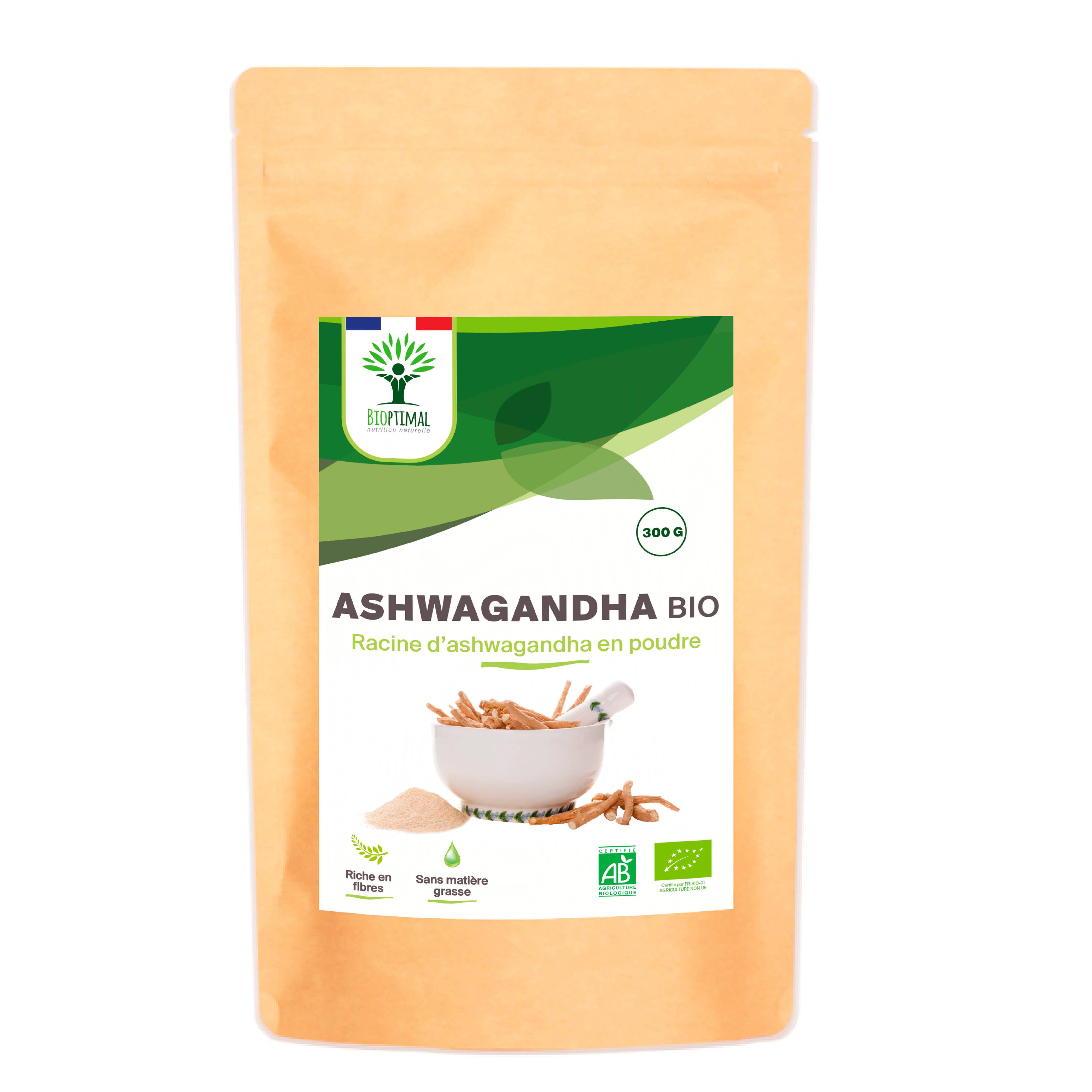 Organic ashwagandha powder - Packaged in France - Vegan Supplement Bioptimal infusion.organic