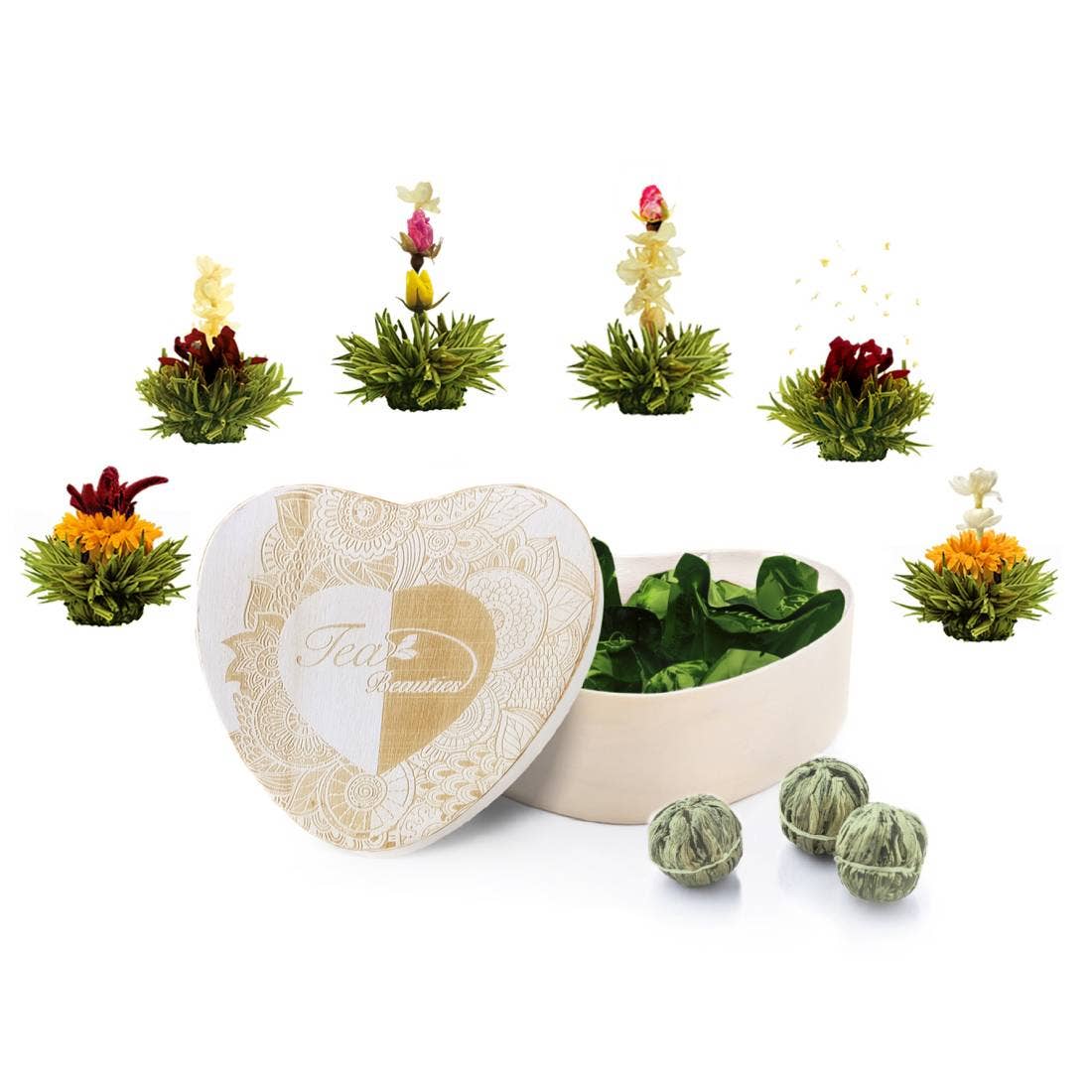 6 Blossom Tea in Heart Wooden Box “Green Tea” Blooming Tea Creano infusion.organic