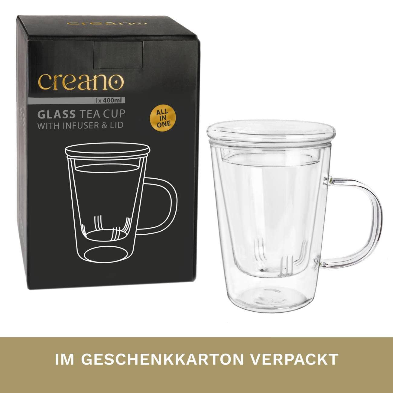 Creano tea glass 400ml - glass tea cup, strainer & lid Teaware Creano infusion.organic