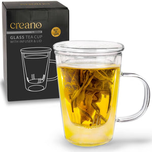 Creano tea glass 400ml - glass tea cup, strainer & lid Teaware Creano infusion.organic