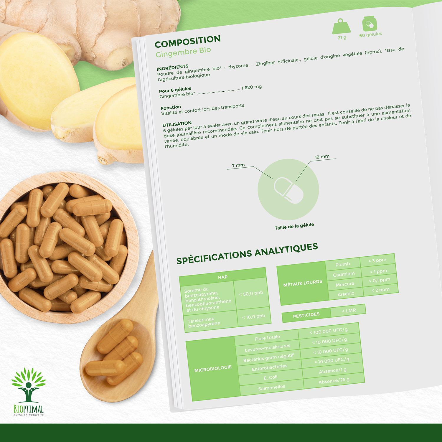 Organic ginger - Dietary supplement - in capsules Supplement Bioptimal infusion.organic